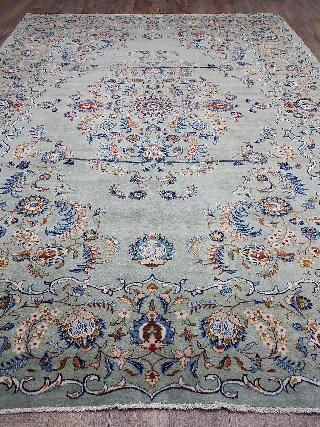 Soft Sage Blue Floral Medallion Rug