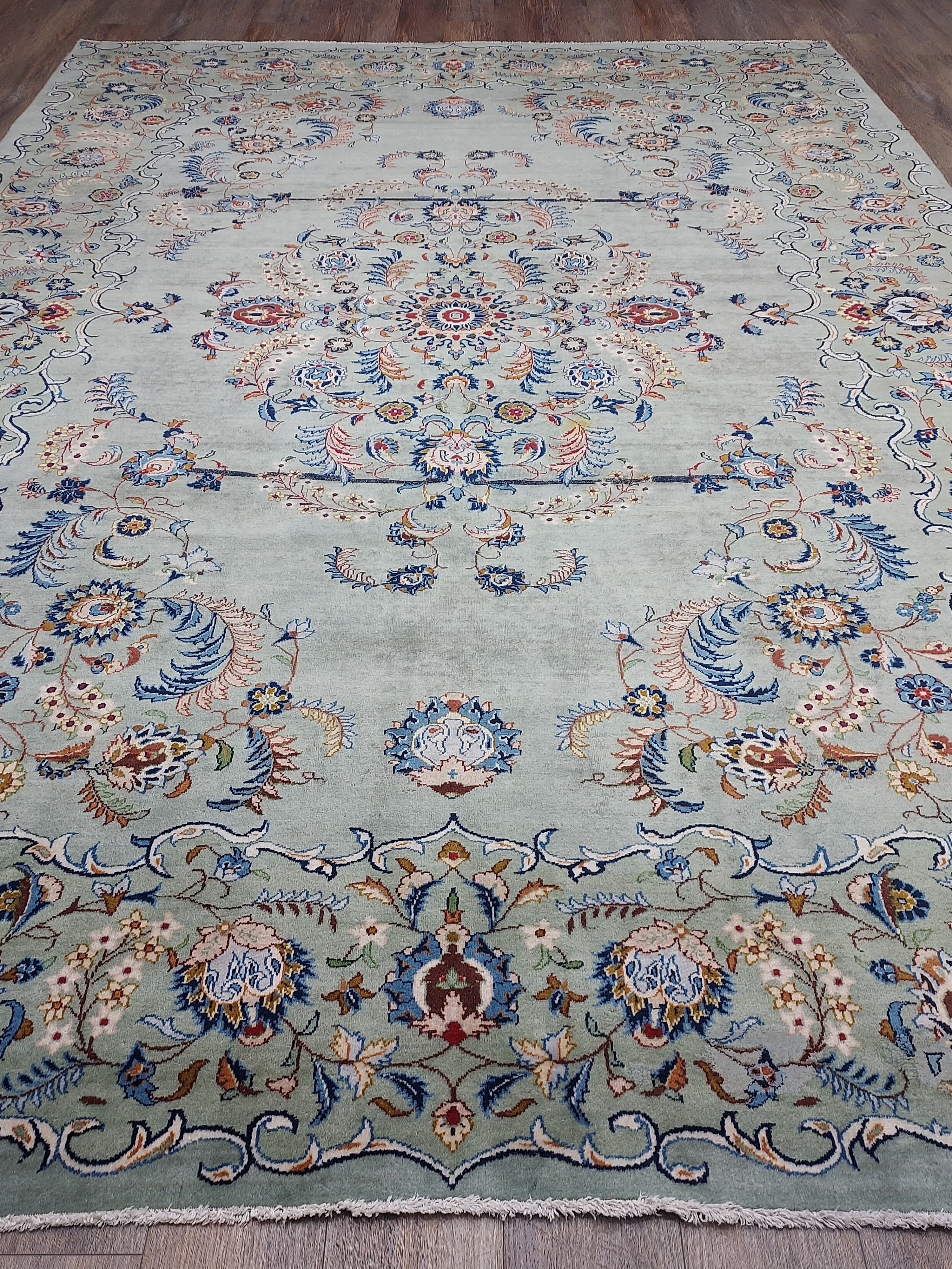Soft Sage Blue Floral Medallion Rug