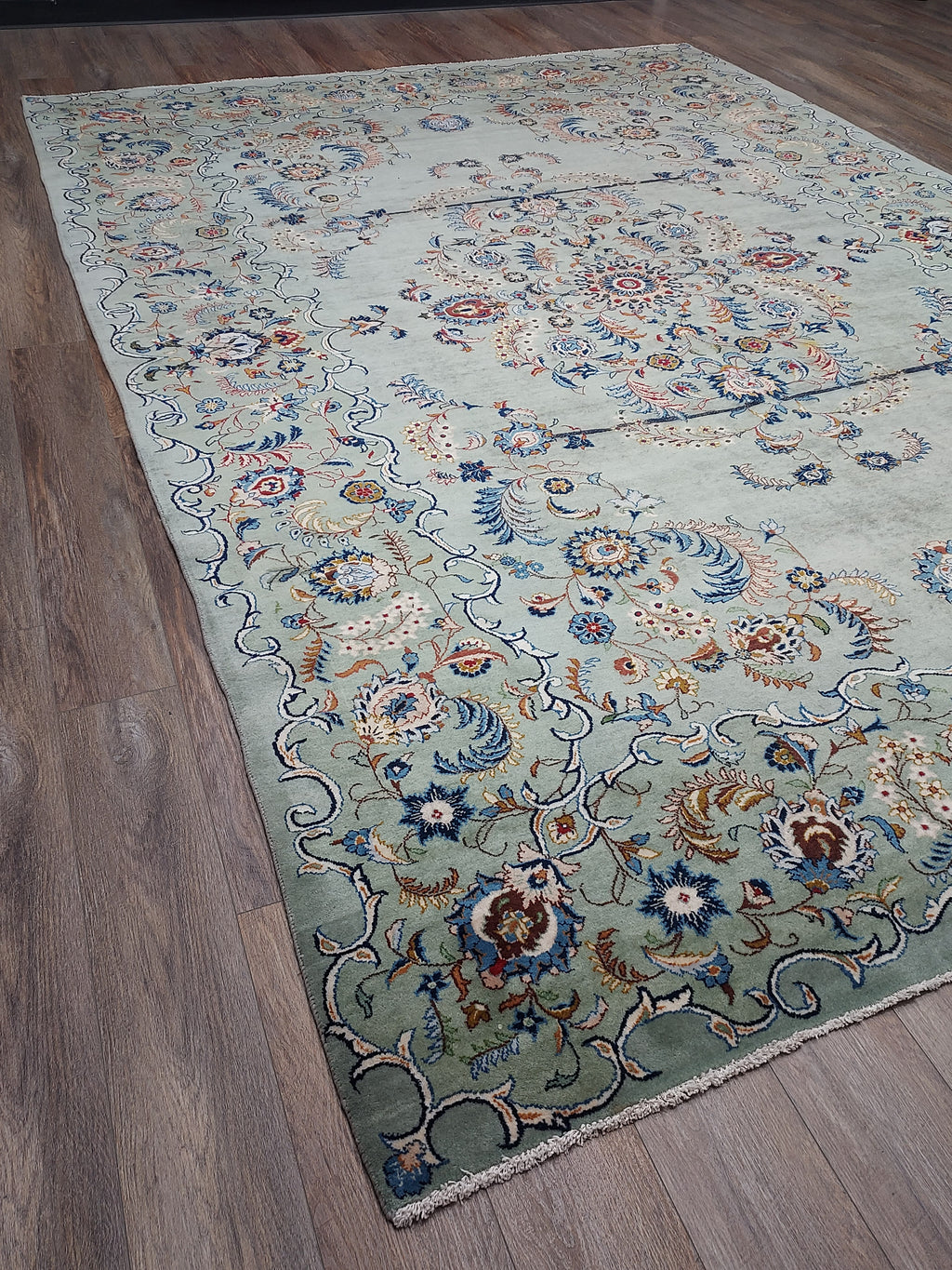 Soft Sage Blue Floral Medallion Rug
