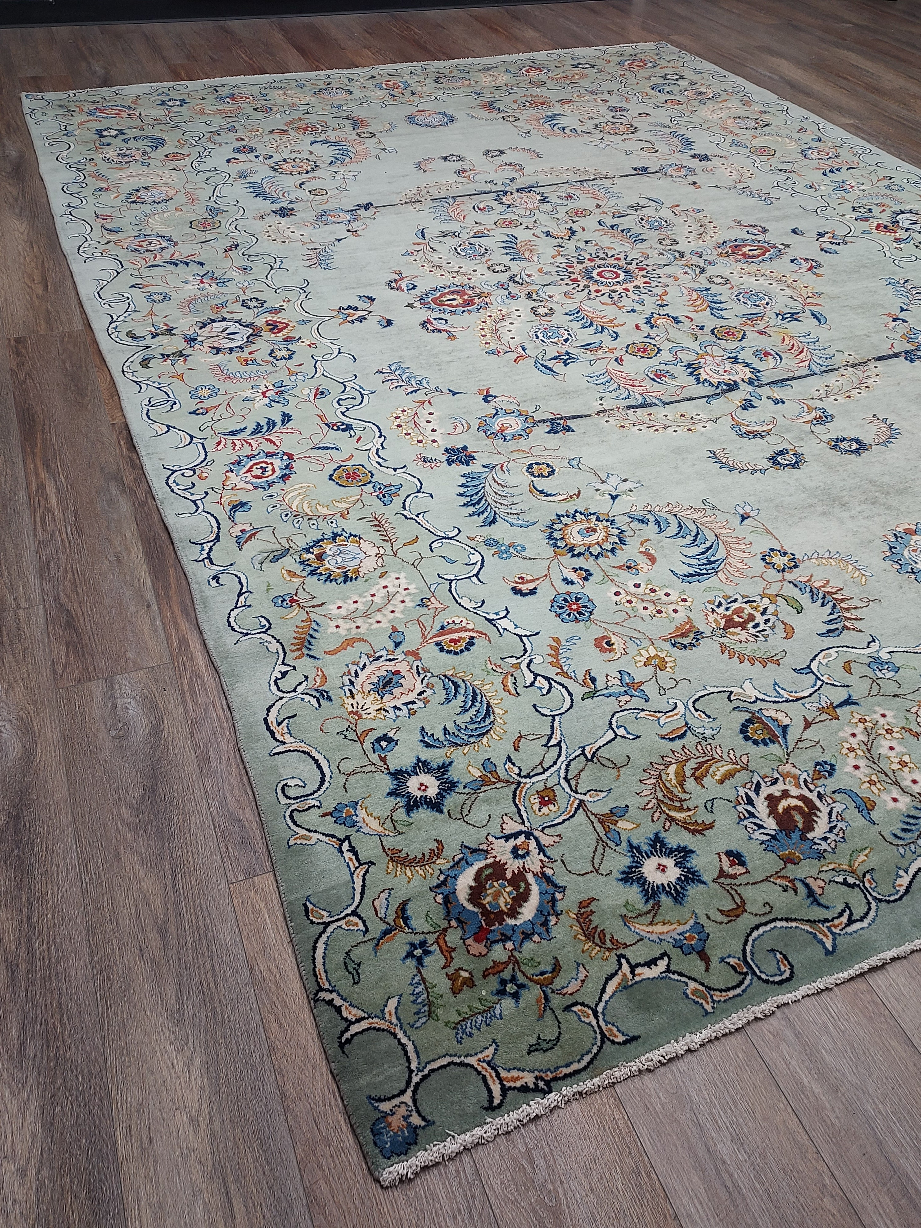 Soft Sage Blue Floral Medallion Rug