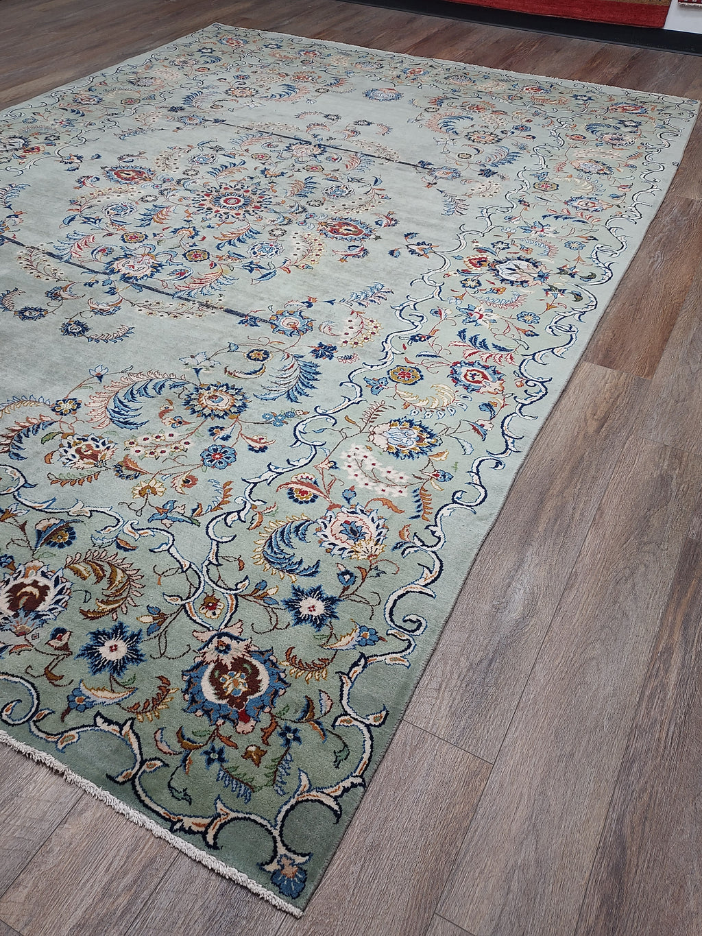 Soft Sage Blue Floral Medallion Rug