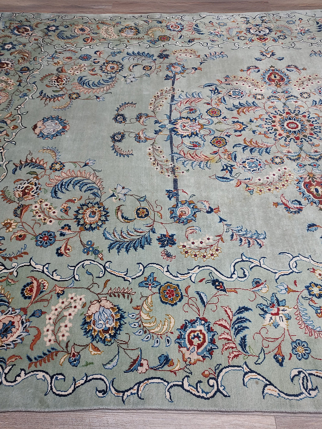Soft Sage Blue Floral Medallion Rug