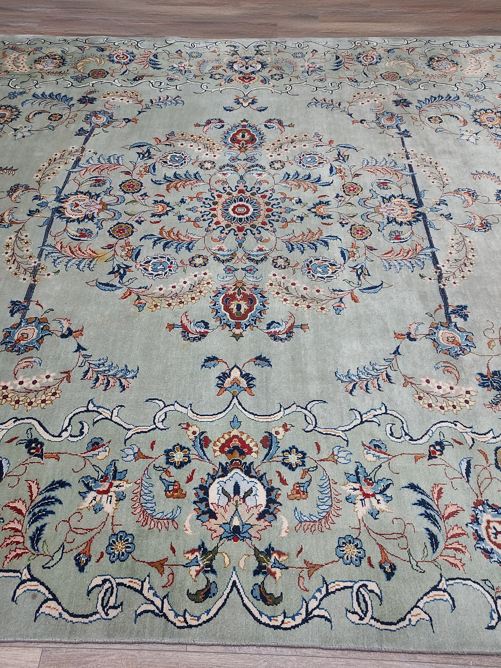 Soft Sage Blue Floral Medallion Rug