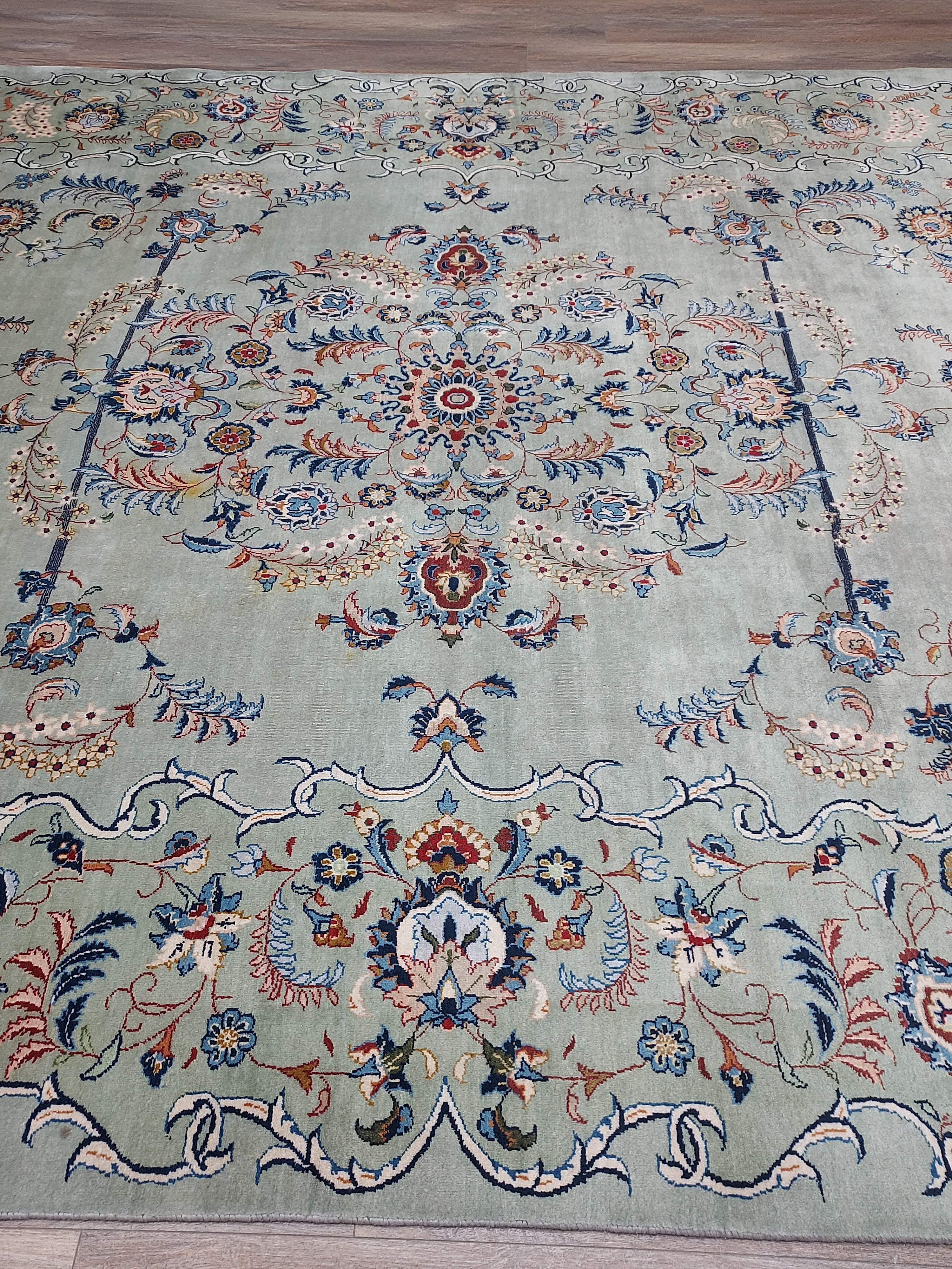 Soft Sage Blue Floral Medallion Rug