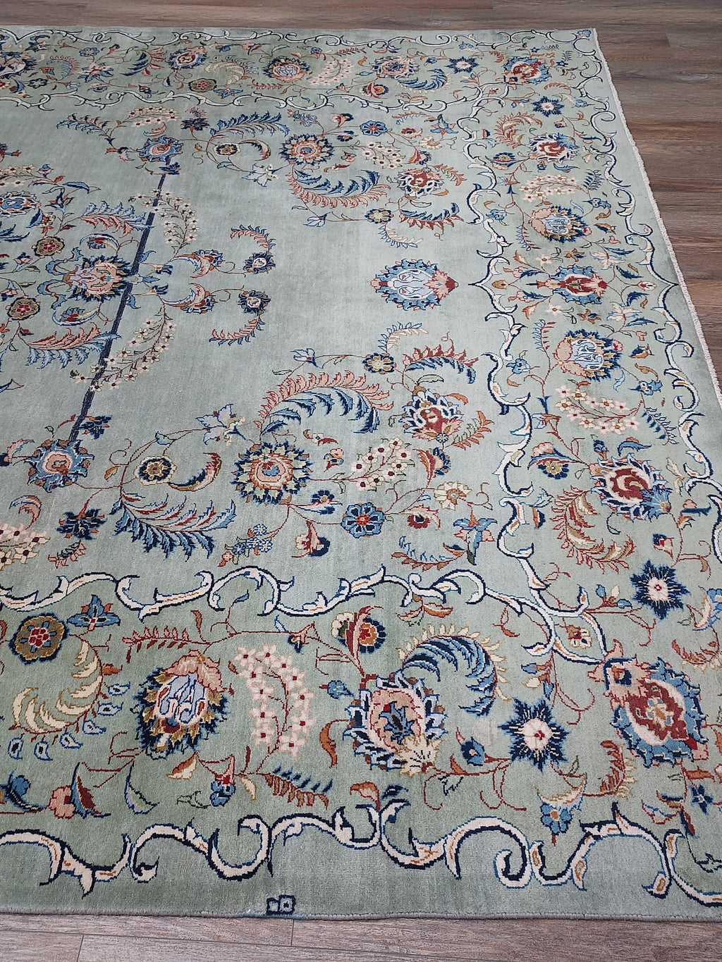 Soft Sage Blue Floral Medallion Rug