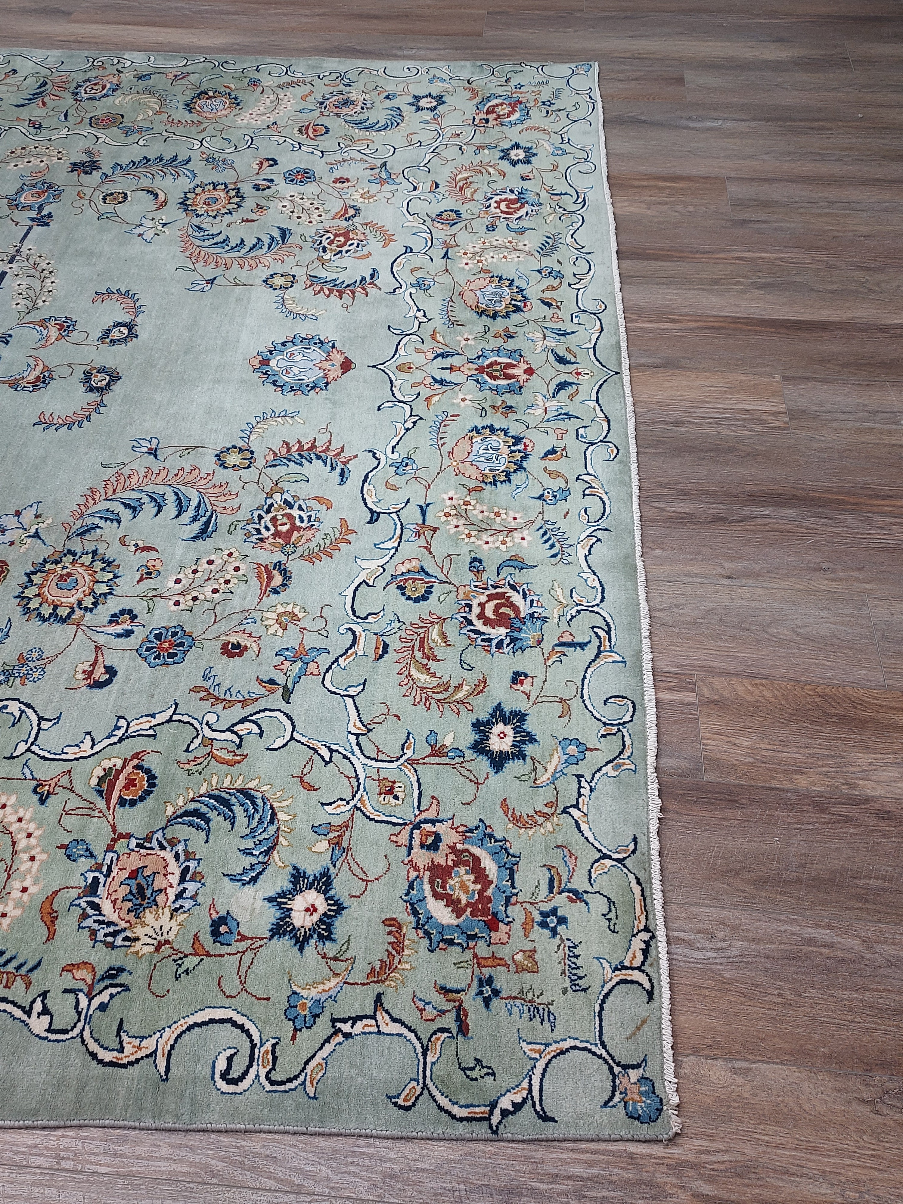 Soft Sage Blue Floral Medallion Rug