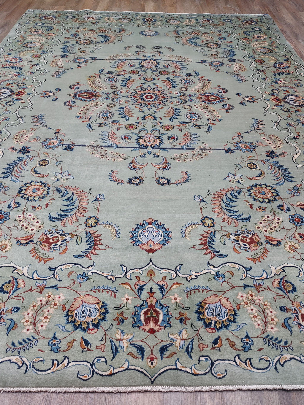 Soft Sage Blue Floral Medallion Rug