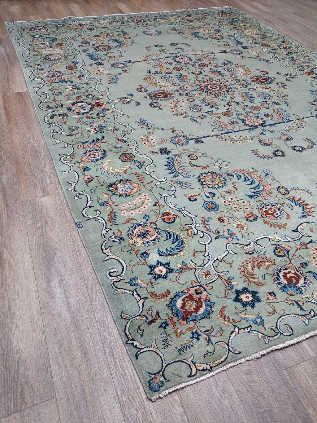 Soft Sage Blue Floral Medallion Rug