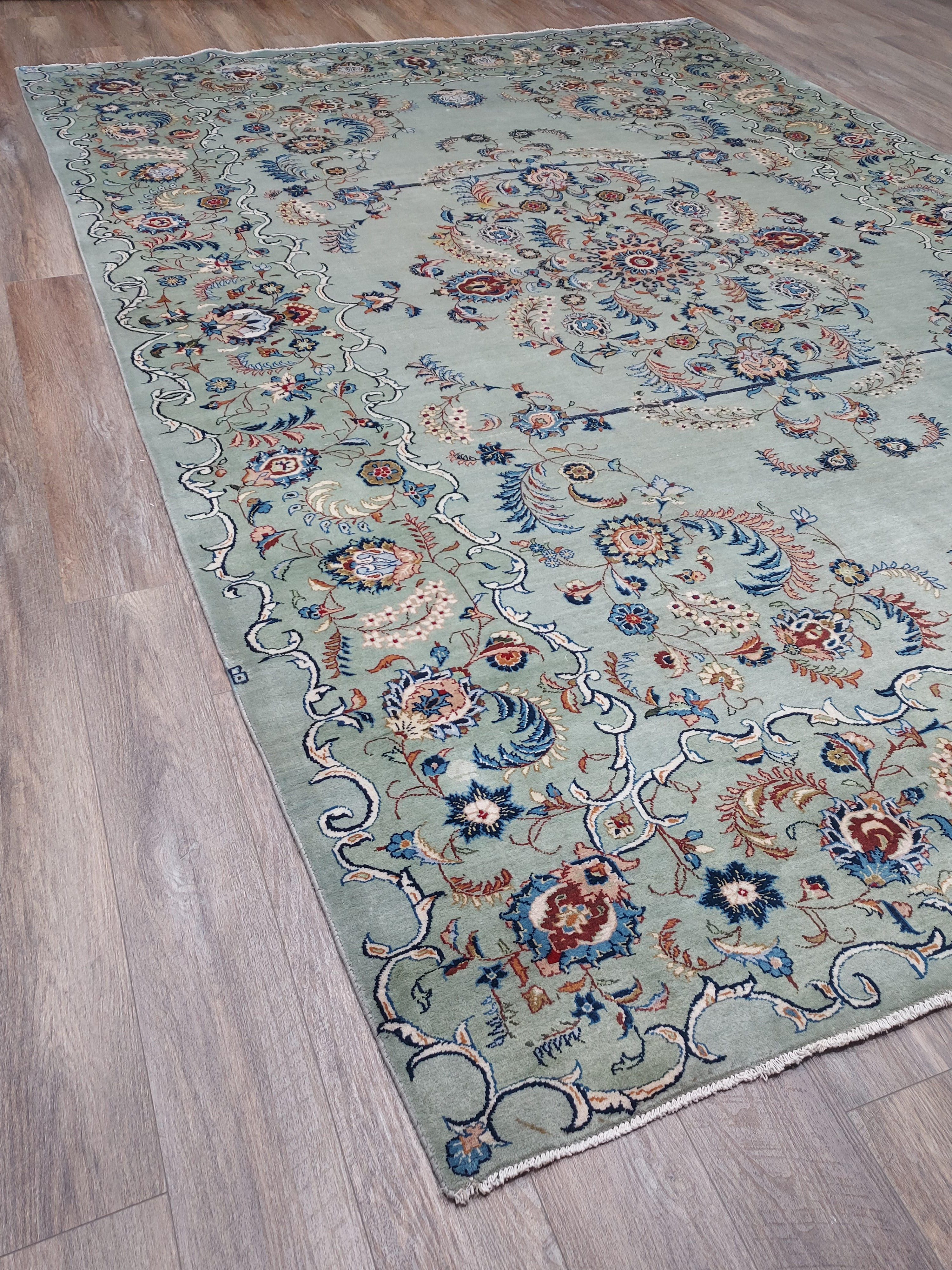 Soft Sage Blue Floral Medallion Rug