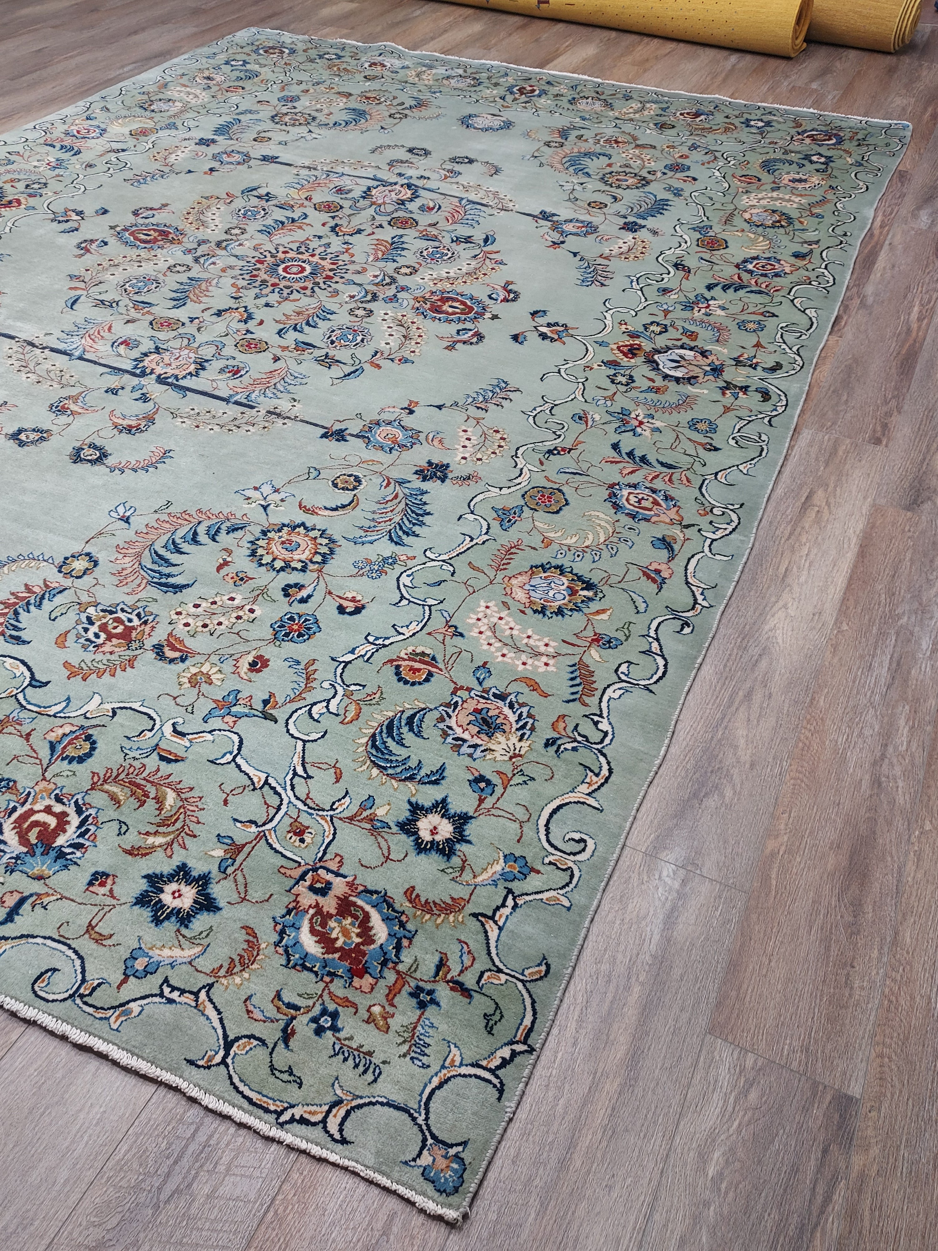 Soft Sage Blue Floral Medallion Rug