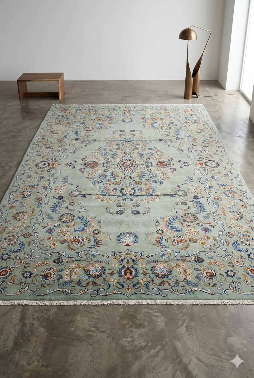 Soft Sage Blue Floral Medallion Rug