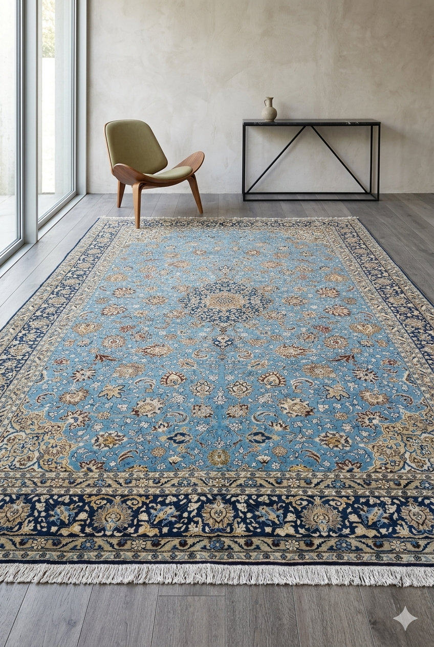 Light Blue Persian Style Floral Medallion Rug