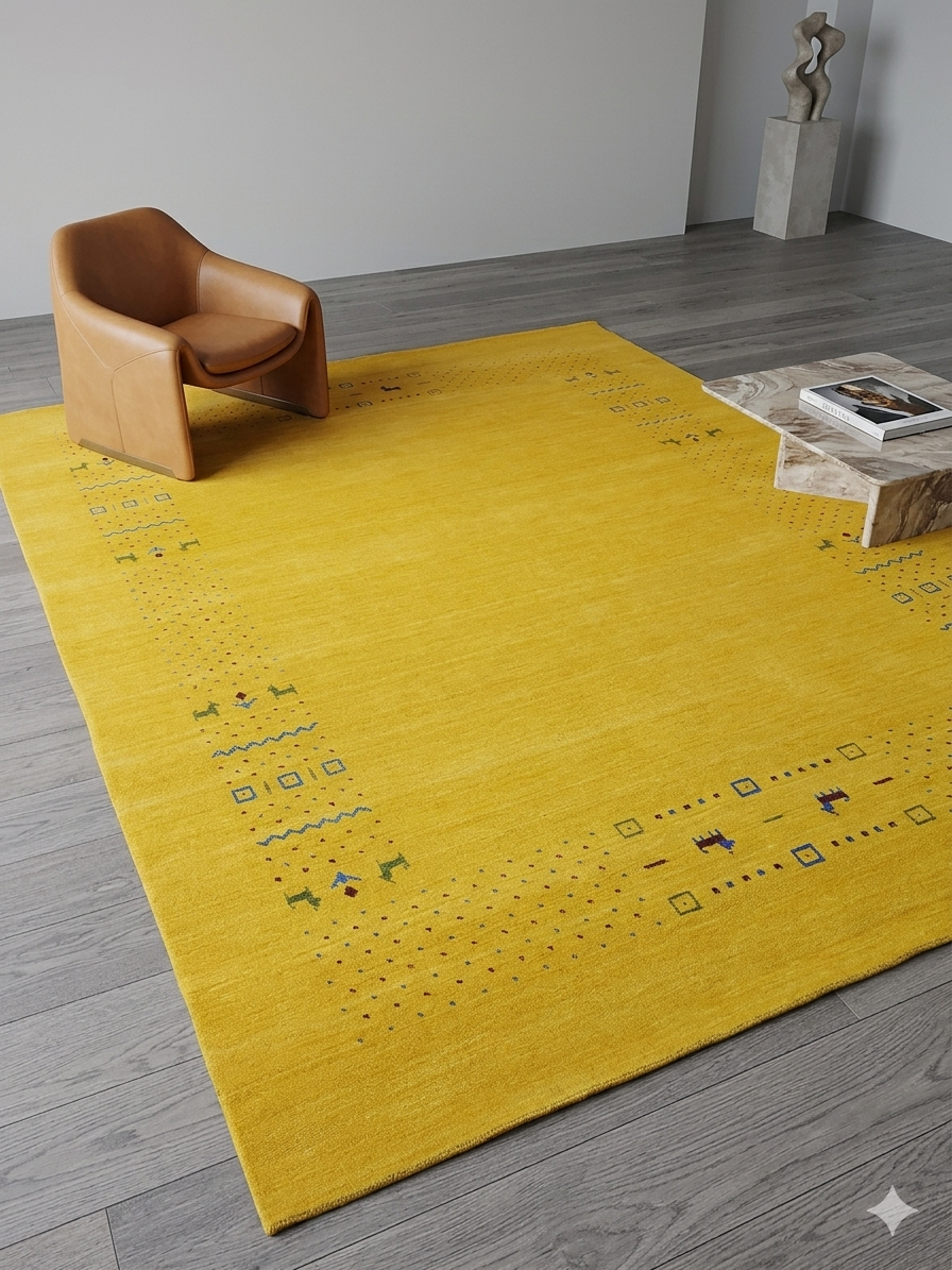 Mustard Yellow Modern Minimalist Rug with Subtle Tribal Accents
