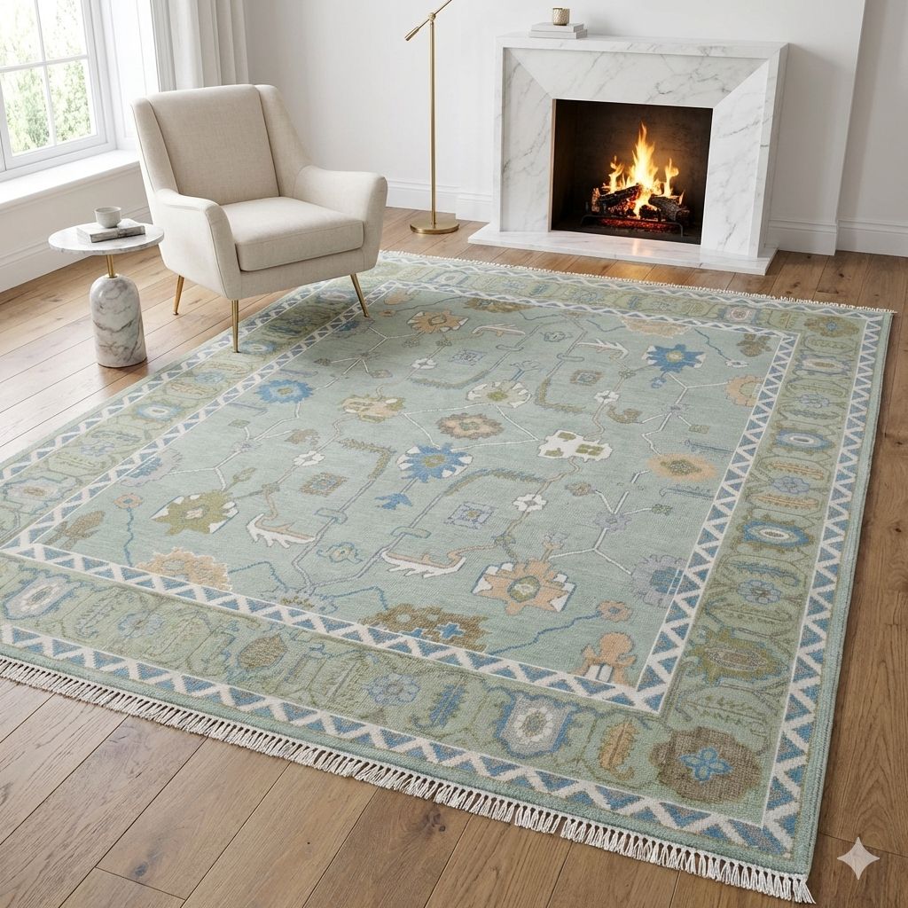 Decorative rug with geometric pattern in a living room with a fireplace.